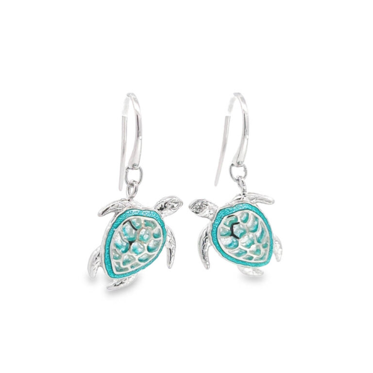 Silver Turquoise Enamel Turtle Earrings