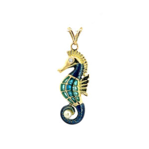 18ct and Blue Enamel Seahorse Pendant