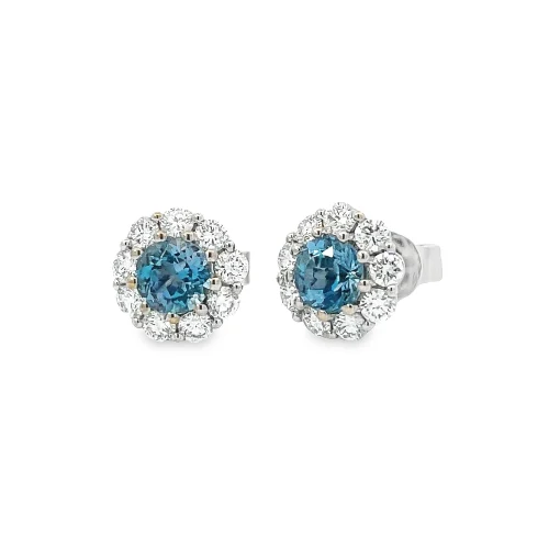 Aquamarine and Diamond Halo Studs
